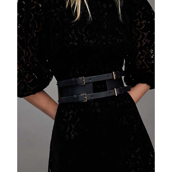 Allsaints Australia Womens Maxie Studded Double Leather Belt Black/Brass AU29-376
